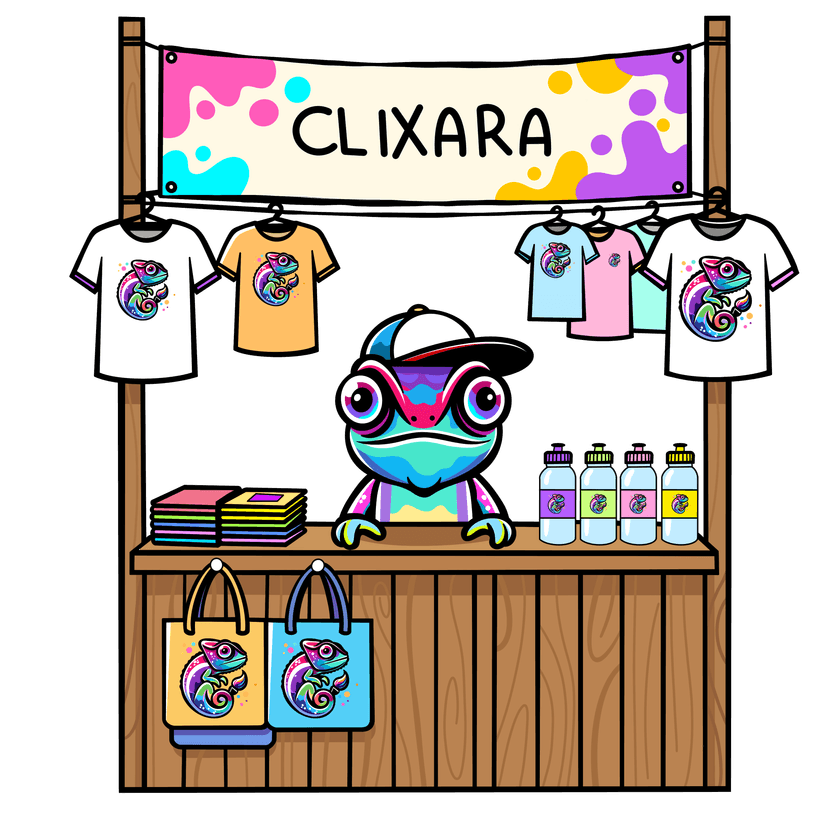 Clixara Print maskot — chameleon kontroluje kvalitu tisků